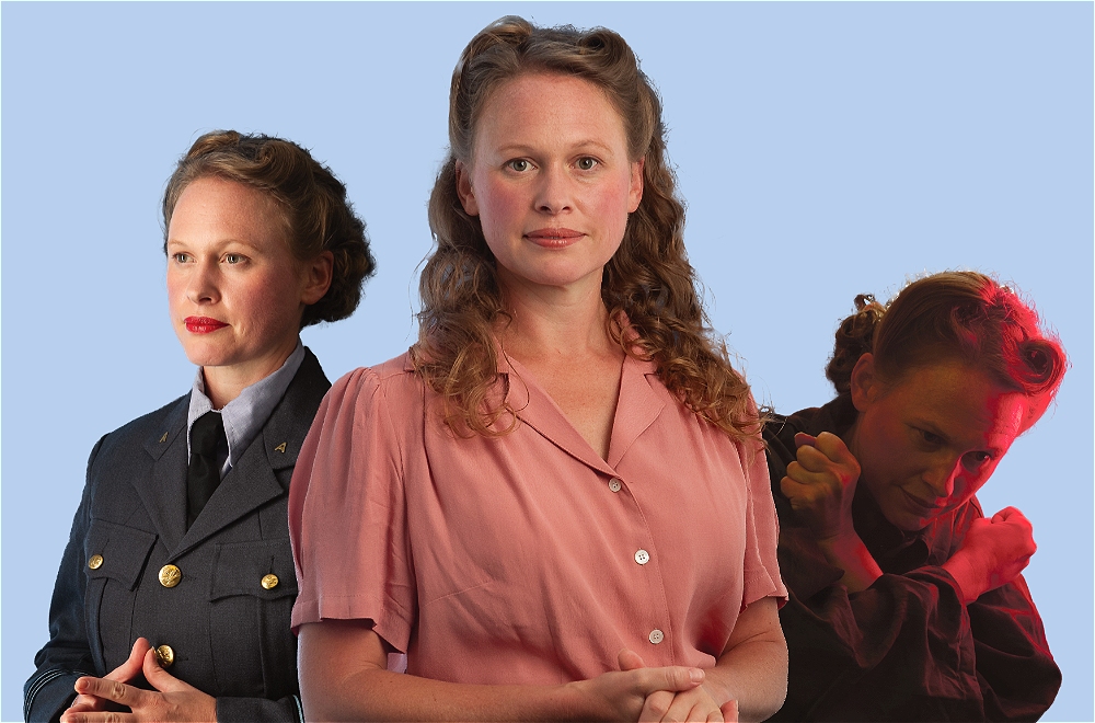 One woman is featured three times in different positions and outfits. The woman on the left wears a dark uniform, the central woman wears a pink blouse, and the woman on the right is in dark clothing with red lighting. The backgound is light blue.